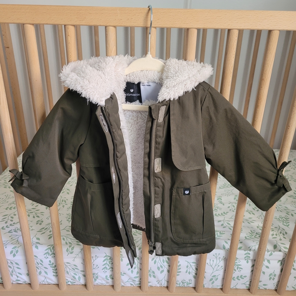 🧸2/20$ Colimaçon Girl 9M Baby Olive Green Hooded Jacket Sherpa Lining